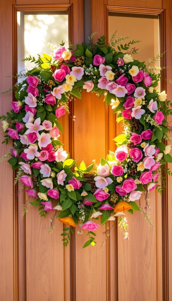 A lush, spring-inspired wreath adorns the front door, its vibrant flowers and foliage cascading with natural elegance. Sunlight filters through the petals, casting a warm, inviting glow that draws the eye. The wreath's composition is balanced and harmonious, with a mix of delicate blooms, verdant leaves, and rustic accents that create a sense of effortless beauty. The wreath's placement is centered, framed by the wooden door frame, creating a welcoming focal point that sets the tone for a charming, seasonal entryway. Soft, diffused lighting illuminates the wreath, highlighting its dimensional texture and vibrant hues, while a slight depth of field blurs the background, keeping the wreath as the primary subject.