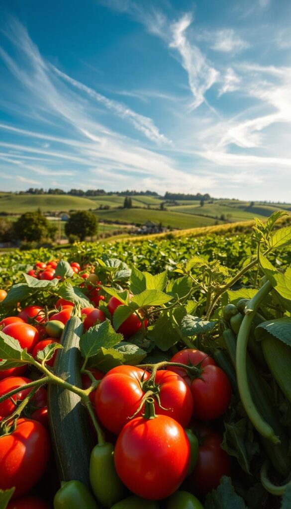 A lush summer garden filled with a diverse assortment of freshly harvested vegetables, illuminated by warm afternoon sunlight filtering through wispy clouds. In the foreground, an array of produce displays distinct visual cues - ripe tomatoes with a deep red hue, zucchini with a glossy, unblemished skin, and plump, vibrant green beans. The middle ground showcases the plants themselves, their leaves and stems offering clues to optimal picking times. In the background, a verdant landscape with rolling hills and a boundless blue sky creates a sense of abundance and tranquility. The scene is captured through a medium-wide lens, emphasizing the harmonious relationship between the crops and their natural environment. A lush summer garden filled with a diverse assortment of freshly harvested vegetables, illuminated by warm afternoon sunlight filtering through wispy clouds. In the foreground, an array of produce displays distinct visual cues - ripe tomatoes with a deep red hue, zucchini with a glossy, unblemished skin, and plump, vibrant green beans. The middle ground showcases the plants themselves, their leaves and stems offering clues to optimal picking times. In the background, a verdant landscape with rolling hills and a boundless blue sky creates a sense of abundance and tranquility. The scene is captured through a medium-wide lens, emphasizing the harmonious relationship between the crops and their natural environment.
