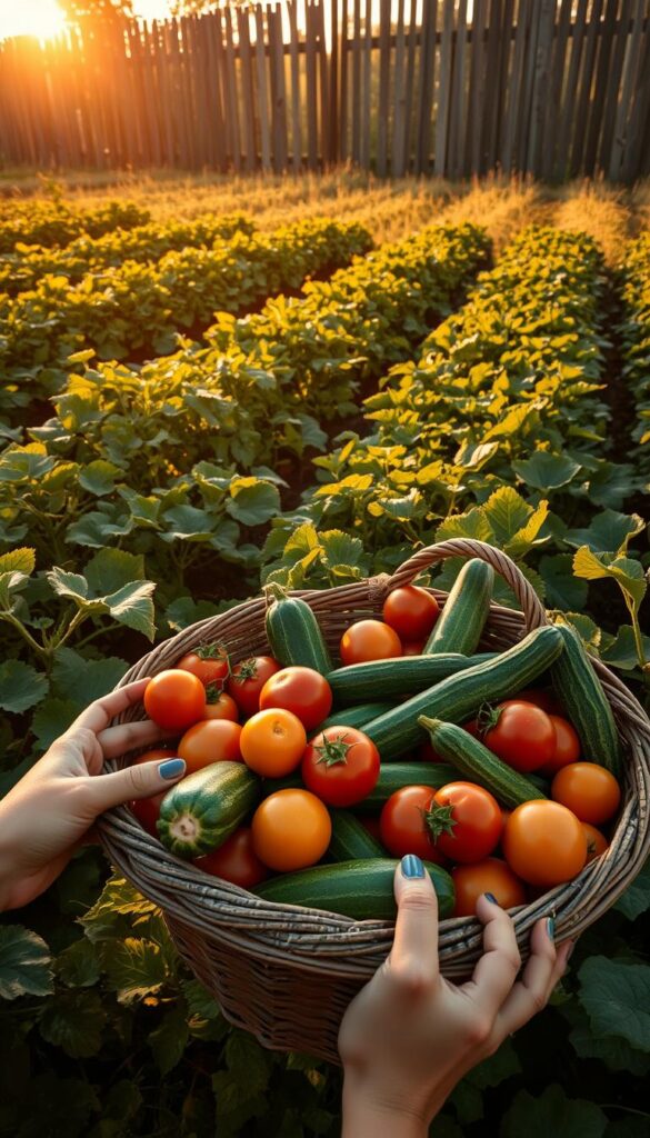 A lush summer garden in the golden hour, the sun casting a warm glow over a bountiful harvest. In the foreground, a weathered basket overflows with freshly picked vegetables - ripe tomatoes, crisp cucumbers, vibrant zucchini. Surrounding the basket, hands tenderly grasp the produce, capturing the rhythm of the harvest. In the middle ground, rows of healthy plants stretch towards the sky, their leaves rustling in a gentle breeze. The background reveals a wooden fence, weathered by time, framing the scene. The overall atmosphere is one of abundance, contentment, and the cyclical nature of the seasons. A lush summer garden in the golden hour, the sun casting a warm glow over a bountiful harvest. In the foreground, a weathered basket overflows with freshly picked vegetables - ripe tomatoes, crisp cucumbers, vibrant zucchini. Surrounding the basket, hands tenderly grasp the produce, capturing the rhythm of the harvest. In the middle ground, rows of healthy plants stretch towards the sky, their leaves rustling in a gentle breeze. The background reveals a wooden fence, weathered by time, framing the scene. The overall atmosphere is one of abundance, contentment, and the cyclical nature of the seasons.