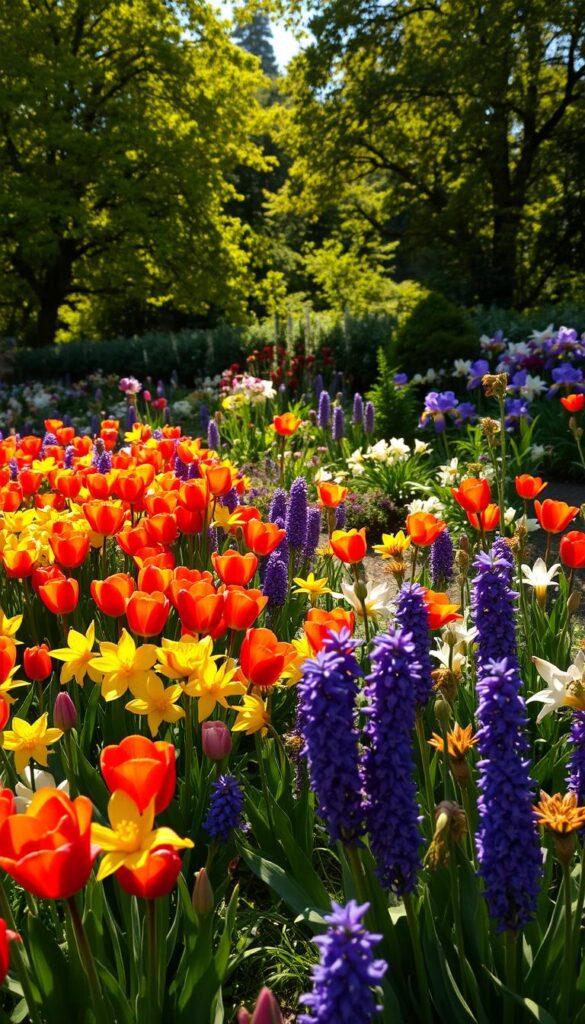 A lush, sun-dappled garden bursting with vibrant blooms in a kaleidoscope of colors. In the foreground, a profusion of tulips, daffodils, and hyacinths in hues of red, yellow, and purple, their petals gently swaying in a soft breeze. In the middle ground, a riot of irises, peonies, and lilies, their elegant forms punctuating the scene. In the background, a verdant backdrop of mature trees and shrubs, casting dappled shadows across the garden. The overall mood is one of joyful abundance, a celebration of the arrival of spring and the peak of the blooming season. Illuminated by a warm, golden light, the scene evokes a sense of tranquility and timeless beauty.