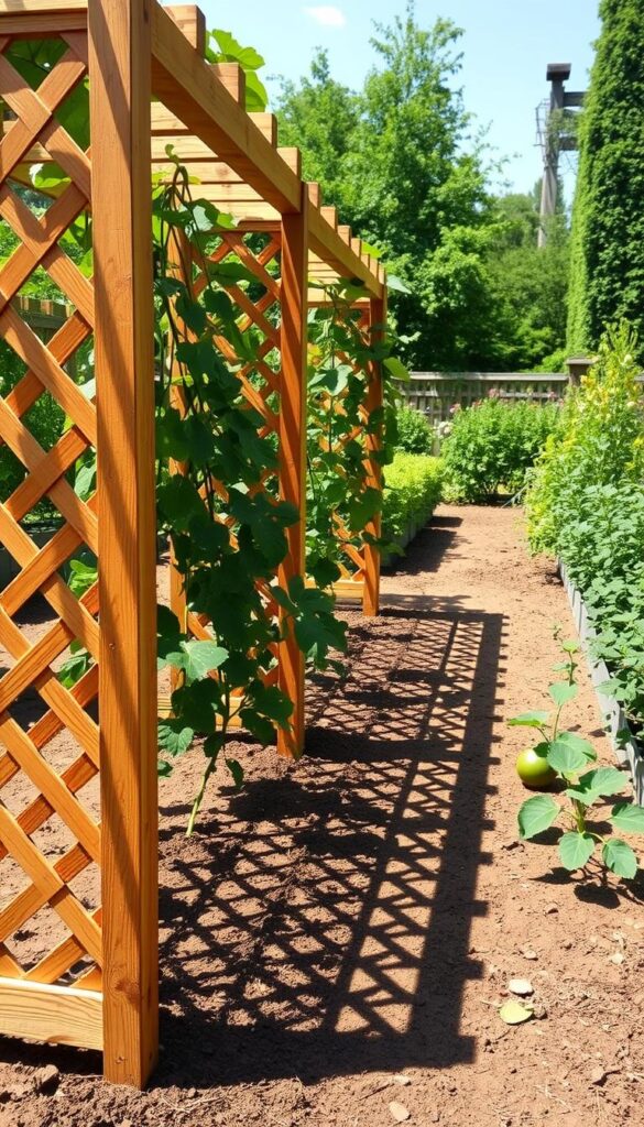 A lush, sun-dappled garden featuring a handcrafted wooden trellis system. The trellis panels are intricately latticed, providing an elegant support structure for climbing cucumber vines. In the foreground, the trellis casts a warm, natural shadow on the well-tended soil below, hinting at the bounty to come. The middle ground showcases thriving cucumber plants, their leaves vibrant and healthy, reaching up towards the trellis. In the background, a verdant backdrop of flourishing plants and blooming flowers completes the serene, inviting scene. Captured with a wide-angle lens and soft, diffused lighting to emphasize the tranquil, rustic atmosphere. A lush, sun-dappled garden featuring a handcrafted wooden trellis system. The trellis panels are intricately latticed, providing an elegant support structure for climbing cucumber vines. In the foreground, the trellis casts a warm, natural shadow on the well-tended soil below, hinting at the bounty to come. The middle ground showcases thriving cucumber plants, their leaves vibrant and healthy, reaching up towards the trellis. In the background, a verdant backdrop of flourishing plants and blooming flowers completes the serene, inviting scene. Captured with a wide-angle lens and soft, diffused lighting to emphasize the tranquil, rustic atmosphere.