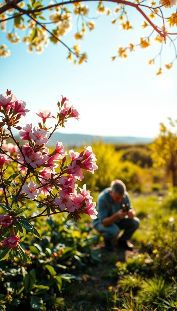 A lush, sun-dappled garden in early spring. In the foreground, a mature flowering shrub, its branches pruned with precision, showcases vibrant blooms bursting forth. The middle ground features a gardener, kneeling with pruning shears, their focused gaze suggesting the optimal timing for this task. In the background, a softly blurred landscape of verdant foliage and a cloudless, azure sky, conveying a sense of tranquility and abundance. Warm, golden lighting casts a gentle glow, highlighting the delicate petals and the gardener's careful movements. The scene embodies the essence of "best time to prune" for maximum floral display. A lush, sun-dappled garden in early spring. In the foreground, a mature flowering shrub, its branches pruned with precision, showcases vibrant blooms bursting forth. The middle ground features a gardener, kneeling with pruning shears, their focused gaze suggesting the optimal timing for this task. In the background, a softly blurred landscape of verdant foliage and a cloudless, azure sky, conveying a sense of tranquility and abundance. Warm, golden lighting casts a gentle glow, highlighting the delicate petals and the gardener's careful movements. The scene embodies the essence of "best time to prune" for maximum floral display.