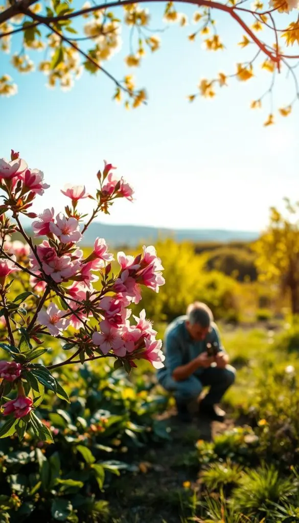 A lush, sun-dappled garden in early spring. In the foreground, a mature flowering shrub, its branches pruned with precision, showcases vibrant blooms bursting forth. The middle ground features a gardener, kneeling with pruning shears, their focused gaze suggesting the optimal timing for this task. In the background, a softly blurred landscape of verdant foliage and a cloudless, azure sky, conveying a sense of tranquility and abundance. Warm, golden lighting casts a gentle glow, highlighting the delicate petals and the gardener's careful movements. The scene embodies the essence of "best time to prune" for maximum floral display. A lush, sun-dappled garden in early spring. In the foreground, a mature flowering shrub, its branches pruned with precision, showcases vibrant blooms bursting forth. The middle ground features a gardener, kneeling with pruning shears, their focused gaze suggesting the optimal timing for this task. In the background, a softly blurred landscape of verdant foliage and a cloudless, azure sky, conveying a sense of tranquility and abundance. Warm, golden lighting casts a gentle glow, highlighting the delicate petals and the gardener's careful movements. The scene embodies the essence of "best time to prune" for maximum floral display.