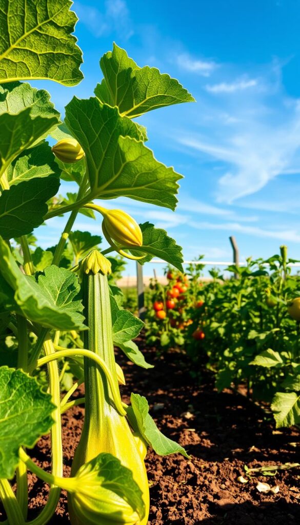 A lush, sun-dappled garden in the height of summer. In the foreground, verdant zucchini plants with large, vibrant leaves and golden blossoms. Their curving stems and tender squashes emerge from the rich, loamy soil. In the middle ground, other warm-season veggies like tomatoes and peppers thrive, their leaves and fruit glowing under the gentle afternoon light. The background frames a clear blue sky with wispy clouds, casting a soothing, tranquil atmosphere over the entire scene. The overall mood is one of abundance, growth, and the simple pleasures of a bountiful summer harvest. A lush, sun-dappled garden in the height of summer. In the foreground, verdant zucchini plants with large, vibrant leaves and golden blossoms. Their curving stems and tender squashes emerge from the rich, loamy soil. In the middle ground, other warm-season veggies like tomatoes and peppers thrive, their leaves and fruit glowing under the gentle afternoon light. The background frames a clear blue sky with wispy clouds, casting a soothing, tranquil atmosphere over the entire scene. The overall mood is one of abundance, growth, and the simple pleasures of a bountiful summer harvest.