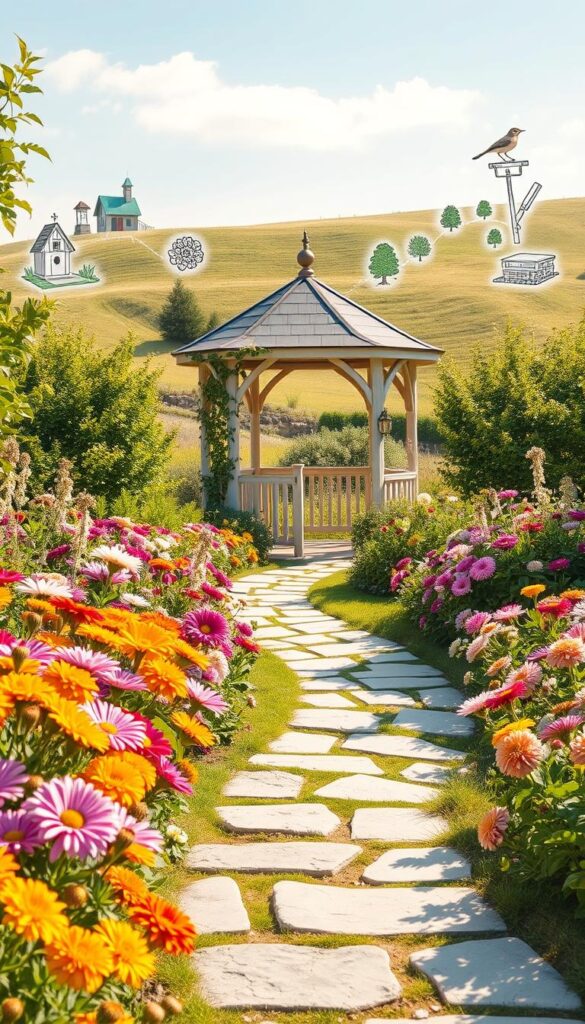 A lush, sun-dappled garden oasis with a vibrant, hand-drawn map at the center. In the foreground, a meandering stone path leads the viewer's eye towards an array of low-maintenance blooms in soft, pastel hues - delicate cosmos, cheerful marigolds, and resilient zinnias. In the middle ground, a picturesque gazebo is framed by climbing vines and verdant foliage. The background features a gently rolling landscape dotted with whimsical, hand-illustrated icons denoting various garden features - a birdhouse, a small pond, and clusters of thriving perennials. The scene is bathed in warm, golden light, conveying a sense of tranquility and confidence in the garden's effortless beauty. A lush, sun-dappled garden oasis with a vibrant, hand-drawn map at the center. In the foreground, a meandering stone path leads the viewer's eye towards an array of low-maintenance blooms in soft, pastel hues - delicate cosmos, cheerful marigolds, and resilient zinnias. In the middle ground, a picturesque gazebo is framed by climbing vines and verdant foliage. The background features a gently rolling landscape dotted with whimsical, hand-illustrated icons denoting various garden features - a birdhouse, a small pond, and clusters of thriving perennials. The scene is bathed in warm, golden light, conveying a sense of tranquility and confidence in the garden's effortless beauty.