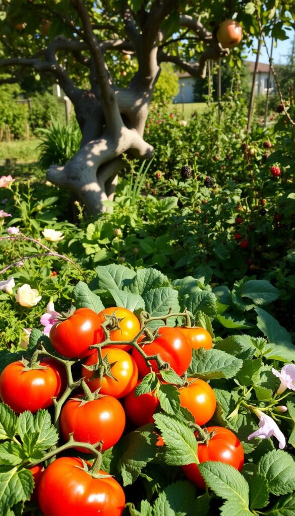 A lush, sun-dappled garden overflowing with edible delights. In the foreground, a cluster of heirloom tomatoes, their ripe curves gleaming with morning dew. Surrounding them, a vibrant tapestry of leafy kale, tender lettuces, and fragrant herbs, their verdant hues complemented by the soft pastels of a trailing rose vine. In the middle ground, a gnarled apple tree laden with blushing fruit, its branches casting a warm, golden glow. In the distance, a flourishing berry patch, its plump, jewel-toned berries beckoning to be plucked. The scene is bathed in the soft, natural light of a late summer afternoon, evoking a sense of abundant, effortless beauty and the joyful union of form and function. A lush, sun-dappled garden overflowing with edible delights. In the foreground, a cluster of heirloom tomatoes, their ripe curves gleaming with morning dew. Surrounding them, a vibrant tapestry of leafy kale, tender lettuces, and fragrant herbs, their verdant hues complemented by the soft pastels of a trailing rose vine. In the middle ground, a gnarled apple tree laden with blushing fruit, its branches casting a warm, golden glow. In the distance, a flourishing berry patch, its plump, jewel-toned berries beckoning to be plucked. The scene is bathed in the soft, natural light of a late summer afternoon, evoking a sense of abundant, effortless beauty and the joyful union of form and function.