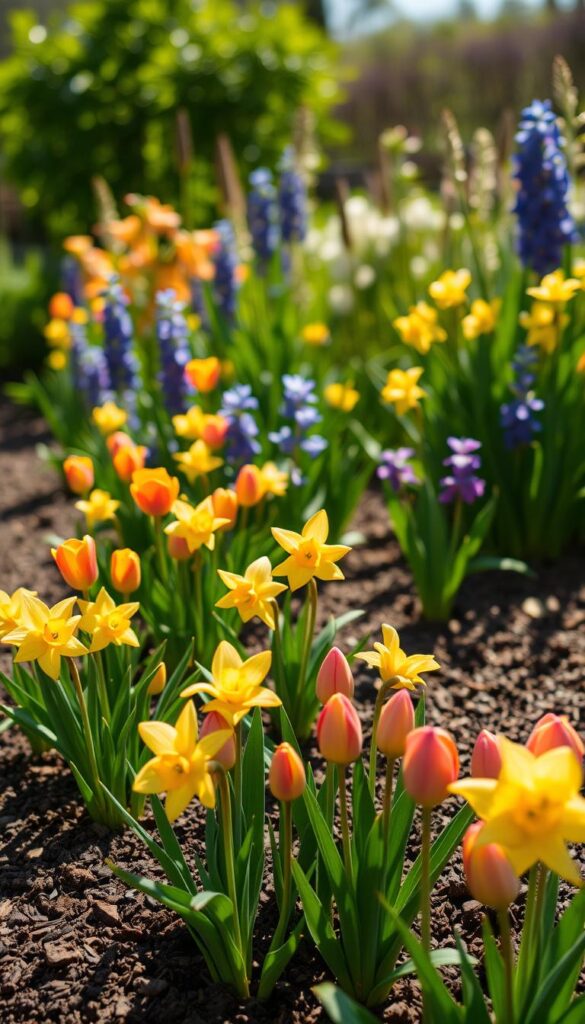 A lush, sun-dappled garden scene featuring layered bulbs emerging from the rich, loamy soil. In the foreground, clusters of vibrant tulips and daffodils in warm hues burst forth, their delicate petals unfurling towards the sun. The middle ground showcases elegant hyacinths and fragrant irises, their tall, slender stems creating a sense of depth and movement. In the background, a soft blur of verdant foliage and blossoming shrubs sets the stage, creating a harmonious, natural composition. Captured with a shallow depth of field, the image conveys a sense of tranquility and the effortless beauty of layered bulbs flourishing in their natural habitat.