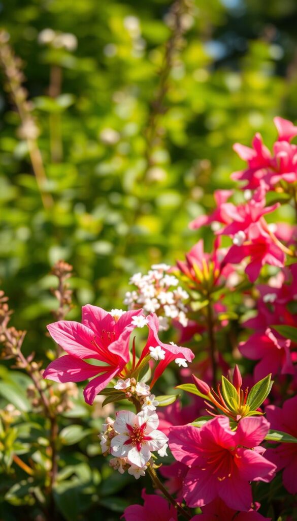 A lush, sun-dappled garden scene showcasing vibrant hummingbird-attracting flowers. In the foreground, delicate weigela blooms in shades of pink and red, their trumpet-shaped petals swaying gently in a light breeze. Nearby, clusters of abelia's small, white flowers with a touch of pink at the centers dot the mid-ground, their graceful stems reaching upwards. The background features a blurred, verdant backdrop of foliage, with a soft, warm lighting creating an inviting, natural atmosphere. The overall composition captures the essence of a late spring to fall garden, teeming with nectar-rich blooms that draw in hummingbirds, their iridescent feathers flashing as they flit from flower to flower. A lush, sun-dappled garden scene showcasing vibrant hummingbird-attracting flowers. In the foreground, delicate weigela blooms in shades of pink and red, their trumpet-shaped petals swaying gently in a light breeze. Nearby, clusters of abelia's small, white flowers with a touch of pink at the centers dot the mid-ground, their graceful stems reaching upwards. The background features a blurred, verdant backdrop of foliage, with a soft, warm lighting creating an inviting, natural atmosphere. The overall composition captures the essence of a late spring to fall garden, teeming with nectar-rich blooms that draw in hummingbirds, their iridescent feathers flashing as they flit from flower to flower.