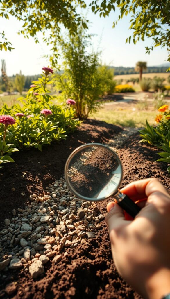 A lush, sun-dappled garden, with an expert evaluator closely inspecting the soil and terrain. In the foreground, a magnifying glass in hand, examining the texture and composition of the earth. The middle ground reveals carefully selected gravel and stones, their colors and patterns harmonizing with the surrounding flora. In the background, a serene landscape unfolds, showcasing the potential for a vibrant, low-maintenance flower garden. Soft, warm lighting caresses the scene, creating an atmosphere of contemplation and discovery. Captured with a high-resolution, wide-angle lens to convey the comprehensive scope of the site evaluation process. A lush, sun-dappled garden, with an expert evaluator closely inspecting the soil and terrain. In the foreground, a magnifying glass in hand, examining the texture and composition of the earth. The middle ground reveals carefully selected gravel and stones, their colors and patterns harmonizing with the surrounding flora. In the background, a serene landscape unfolds, showcasing the potential for a vibrant, low-maintenance flower garden. Soft, warm lighting caresses the scene, creating an atmosphere of contemplation and discovery. Captured with a high-resolution, wide-angle lens to convey the comprehensive scope of the site evaluation process.