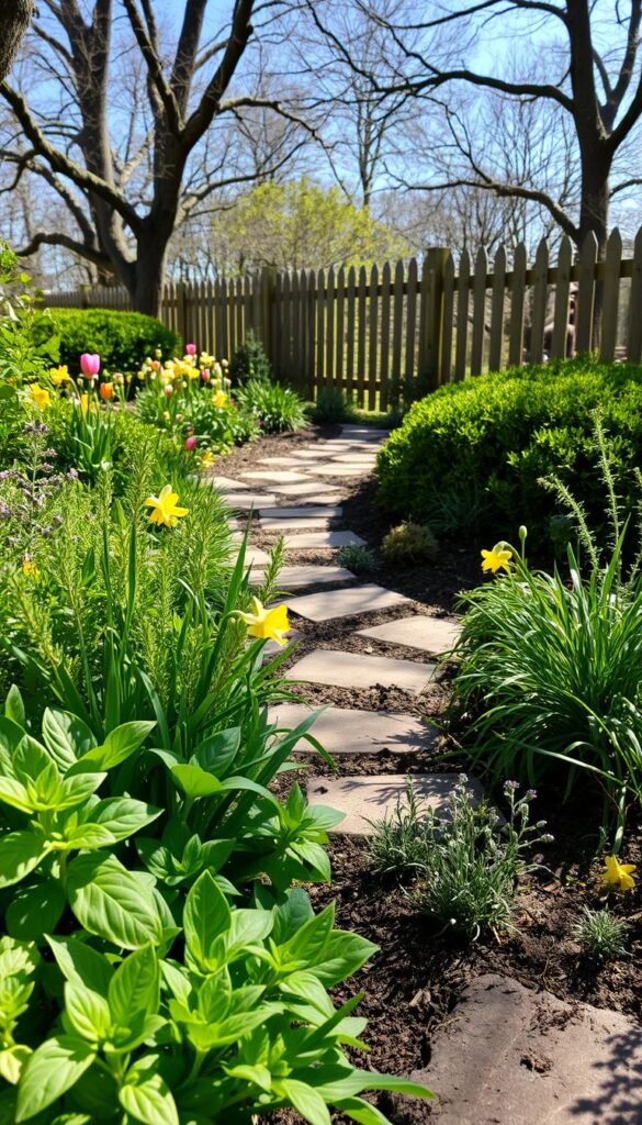 A lush, sun-dappled herb garden nestled in the gentle embrace of early spring. In the foreground, a vibrant array of leafy greens and delicate flowers – basil, chives, thyme, and rosemary – thriving in the cool, moist soil. A winding stone path leads the eye through the middle ground, surrounded by verdant bushes and the occasional burst of color from tulips and daffodils. In the background, a picturesque wooden fence frames the scene, with a hint of azure sky peeking through the canopy of mature trees. The atmosphere is one of serene tranquility, inviting the viewer to slow down, breathe deeply, and connect with the simple pleasures of nature.