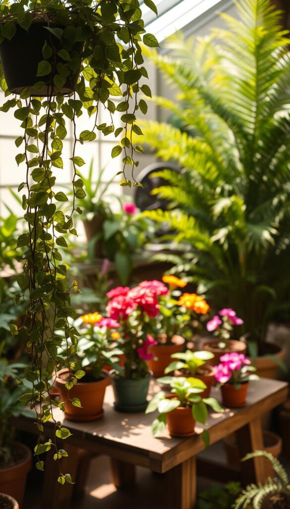 A lush, sun-dappled indoor oasis with a variety of potted plants arranged in a harmonious composition. In the foreground, a cluster of leafy, trailing vines cascade from hanging planters, their verdant tendrils framing the scene. In the middle ground, a mix of vibrant, flowering plants in terracotta pots sit atop a rustic wooden table, their blossoms adding pops of color. In the background, a large, verdant fern stands tall, its fronds casting gentle shadows across the space. The lighting is warm and soft, creating a serene, nature-infused atmosphere that invites relaxation and a sense of tranquility. A lush, sun-dappled indoor oasis with a variety of potted plants arranged in a harmonious composition. In the foreground, a cluster of leafy, trailing vines cascade from hanging planters, their verdant tendrils framing the scene. In the middle ground, a mix of vibrant, flowering plants in terracotta pots sit atop a rustic wooden table, their blossoms adding pops of color. In the background, a large, verdant fern stands tall, its fronds casting gentle shadows across the space. The lighting is warm and soft, creating a serene, nature-infused atmosphere that invites relaxation and a sense of tranquility.