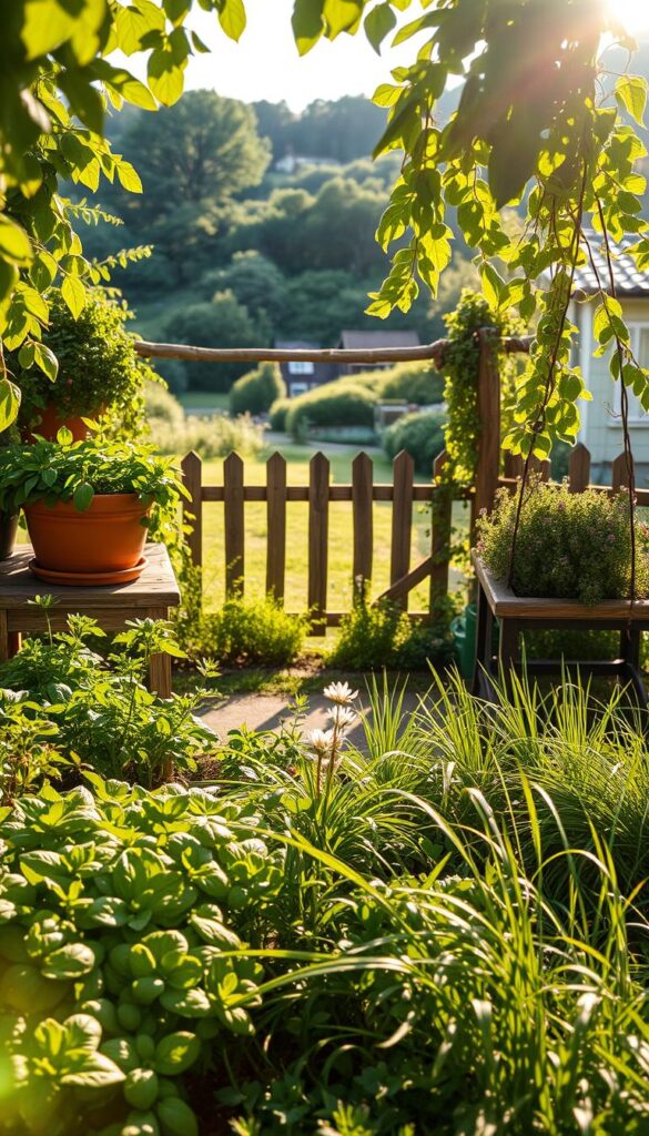 A lush, sun-dappled kitchen herb garden, overflowing with vibrant greens and delicate flowers. In the foreground, a bountiful array of thriving herbs - fragrant basil, hearty rosemary, and delicate chives - growing in neatly arranged raised beds. The middle ground features a weathered wooden table, adorned with terracotta pots brimming with cascading vines and blooms. In the background, a charming country-style fence frames a verdant landscape, with a glimpse of a cozy cottage beyond. Warm, golden light filters through the leaves, casting a serene, inviting atmosphere. Captured with a wide-angle lens, this image conveys the beauty, abundance, and tranquility of a dream kitchen herb garden. A lush, sun-dappled kitchen herb garden, overflowing with vibrant greens and delicate flowers. In the foreground, a bountiful array of thriving herbs - fragrant basil, hearty rosemary, and delicate chives - growing in neatly arranged raised beds. The middle ground features a weathered wooden table, adorned with terracotta pots brimming with cascading vines and blooms. In the background, a charming country-style fence frames a verdant landscape, with a glimpse of a cozy cottage beyond. Warm, golden light filters through the leaves, casting a serene, inviting atmosphere. Captured with a wide-angle lens, this image conveys the beauty, abundance, and tranquility of a dream kitchen herb garden.