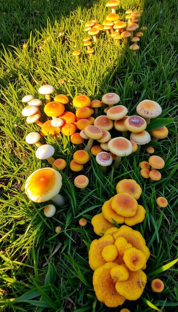 A lush, sun-dappled lawn, dotted with clusters of vibrant mushrooms in a variety of shapes and hues - from delicate white caps to bold orange and purple specimens. Nestled amongst the grass, slime molds in shimmering shades of yellow, orange, and pink ooze and spread, creating a captivating contrast. The scene is bathed in warm, golden light, casting long shadows and creating a sense of depth and dimension. The camera captures this natural wonder from a slightly elevated angle, inviting the viewer to explore the intricate details and unique textures of these unexpected lawn dwellers. A lush, sun-dappled lawn, dotted with clusters of vibrant mushrooms in a variety of shapes and hues - from delicate white caps to bold orange and purple specimens. Nestled amongst the grass, slime molds in shimmering shades of yellow, orange, and pink ooze and spread, creating a captivating contrast. The scene is bathed in warm, golden light, casting long shadows and creating a sense of depth and dimension. The camera captures this natural wonder from a slightly elevated angle, inviting the viewer to explore the intricate details and unique textures of these unexpected lawn dwellers.