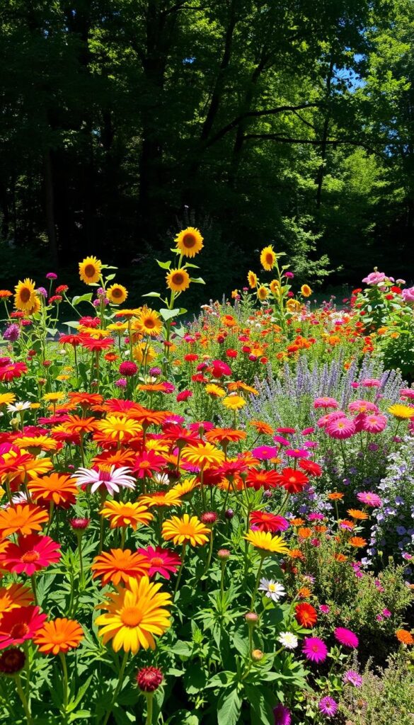 A lush, sun-dappled perennial and annual garden overflows with vibrant blooms. In the foreground, a mixed border showcases a riot of color - bold zinnias, delicate cosmos, and towering sunflowers. The middle ground features an array of low-growing perennials, their foliage textures and flower shapes creating a captivating tapestry. Beyond, a wooded backdrop provides a verdant frame, dappled with soft, filtered light. The scene radiates a sense of abundance, natural harmony, and gardening confidence. Captured with a wide-angle lens, the composition draws the viewer in, inviting exploration of the garden's bounty and beauty. A lush, sun-dappled perennial and annual garden overflows with vibrant blooms. In the foreground, a mixed border showcases a riot of color - bold zinnias, delicate cosmos, and towering sunflowers. The middle ground features an array of low-growing perennials, their foliage textures and flower shapes creating a captivating tapestry. Beyond, a wooded backdrop provides a verdant frame, dappled with soft, filtered light. The scene radiates a sense of abundance, natural harmony, and gardening confidence. Captured with a wide-angle lens, the composition draws the viewer in, inviting exploration of the garden's bounty and beauty.