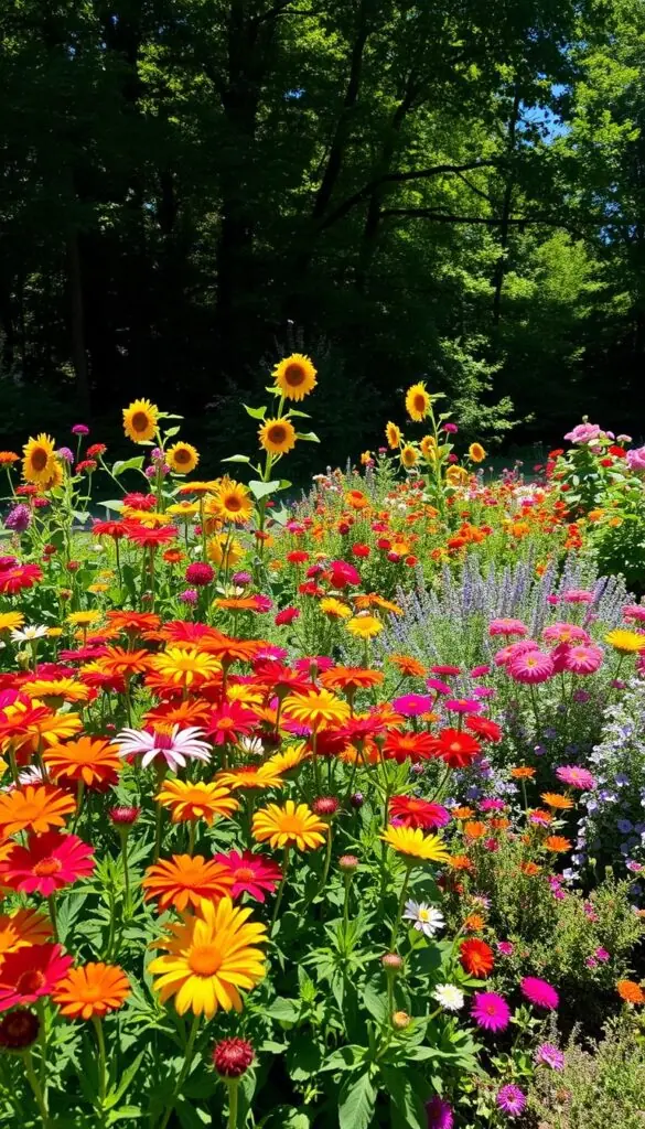 A lush, sun-dappled perennial and annual garden overflows with vibrant blooms. In the foreground, a mixed border showcases a riot of color - bold zinnias, delicate cosmos, and towering sunflowers. The middle ground features an array of low-growing perennials, their foliage textures and flower shapes creating a captivating tapestry. Beyond, a wooded backdrop provides a verdant frame, dappled with soft, filtered light. The scene radiates a sense of abundance, natural harmony, and gardening confidence. Captured with a wide-angle lens, the composition draws the viewer in, inviting exploration of the garden's bounty and beauty.