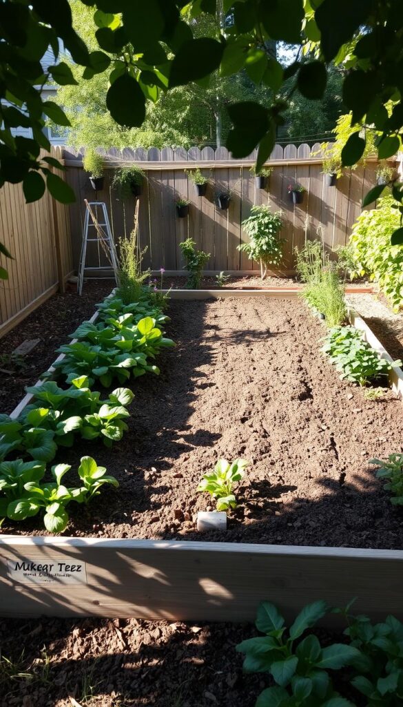 A lush, sun-dappled raised garden bed, meticulously planned and arranged in a tranquil backyard setting. The bed is framed by verdant foliage and a weathered wooden fence, casting warm shadows across the soil. Precise measurements and thoughtful placement of plants create a harmonious, well-organized layout, allowing ample space for walking and tending. The scene exudes a sense of serenity and connection to nature, inviting the viewer to envision their own thriving, personalized raised bed oasis. A lush, sun-dappled raised garden bed, meticulously planned and arranged in a tranquil backyard setting. The bed is framed by verdant foliage and a weathered wooden fence, casting warm shadows across the soil. Precise measurements and thoughtful placement of plants create a harmonious, well-organized layout, allowing ample space for walking and tending. The scene exudes a sense of serenity and connection to nature, inviting the viewer to envision their own thriving, personalized raised bed oasis.