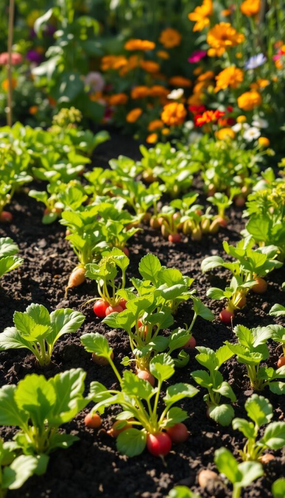 A lush, sun-dappled springtime scene, showcasing an abundant display of freshly sprouted vegetables and herbs. In the foreground, vibrant green leafy greens and crisp, plump radishes protrude from the dark, nutrient-rich soil. The middle ground features rows of flourishing pea vines, their delicate tendrils reaching skyward, and clusters of tender, young carrots peeking out from the earth. In the background, a riot of colorful flowers - marigolds, calendulas, and nasturtiums - add pops of warmth and vitality to the verdant tableau. The scene is bathed in soft, golden light, creating a sense of tranquility and promise. The overall composition captures the essence of a thriving, well-tended kitchen garden, ready to provide a bountiful harvest. A lush, sun-dappled springtime scene, showcasing an abundant display of freshly sprouted vegetables and herbs. In the foreground, vibrant green leafy greens and crisp, plump radishes protrude from the dark, nutrient-rich soil. The middle ground features rows of flourishing pea vines, their delicate tendrils reaching skyward, and clusters of tender, young carrots peeking out from the earth. In the background, a riot of colorful flowers - marigolds, calendulas, and nasturtiums - add pops of warmth and vitality to the verdant tableau. The scene is bathed in soft, golden light, creating a sense of tranquility and promise. The overall composition captures the essence of a thriving, well-tended kitchen garden, ready to provide a bountiful harvest.