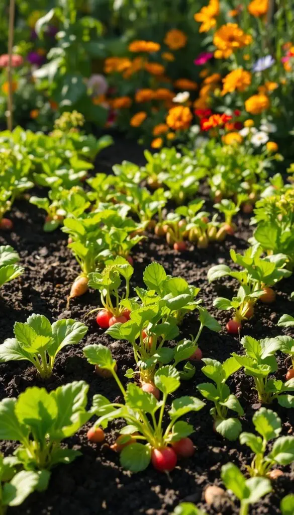 A lush, sun-dappled springtime scene, showcasing an abundant display of freshly sprouted vegetables and herbs. In the foreground, vibrant green leafy greens and crisp, plump radishes protrude from the dark, nutrient-rich soil. The middle ground features rows of flourishing pea vines, their delicate tendrils reaching skyward, and clusters of tender, young carrots peeking out from the earth. In the background, a riot of colorful flowers - marigolds, calendulas, and nasturtiums - add pops of warmth and vitality to the verdant tableau. The scene is bathed in soft, golden light, creating a sense of tranquility and promise. The overall composition captures the essence of a thriving, well-tended kitchen garden, ready to provide a bountiful harvest. A lush, sun-dappled springtime scene, showcasing an abundant display of freshly sprouted vegetables and herbs. In the foreground, vibrant green leafy greens and crisp, plump radishes protrude from the dark, nutrient-rich soil. The middle ground features rows of flourishing pea vines, their delicate tendrils reaching skyward, and clusters of tender, young carrots peeking out from the earth. In the background, a riot of colorful flowers - marigolds, calendulas, and nasturtiums - add pops of warmth and vitality to the verdant tableau. The scene is bathed in soft, golden light, creating a sense of tranquility and promise. The overall composition captures the essence of a thriving, well-tended kitchen garden, ready to provide a bountiful harvest.