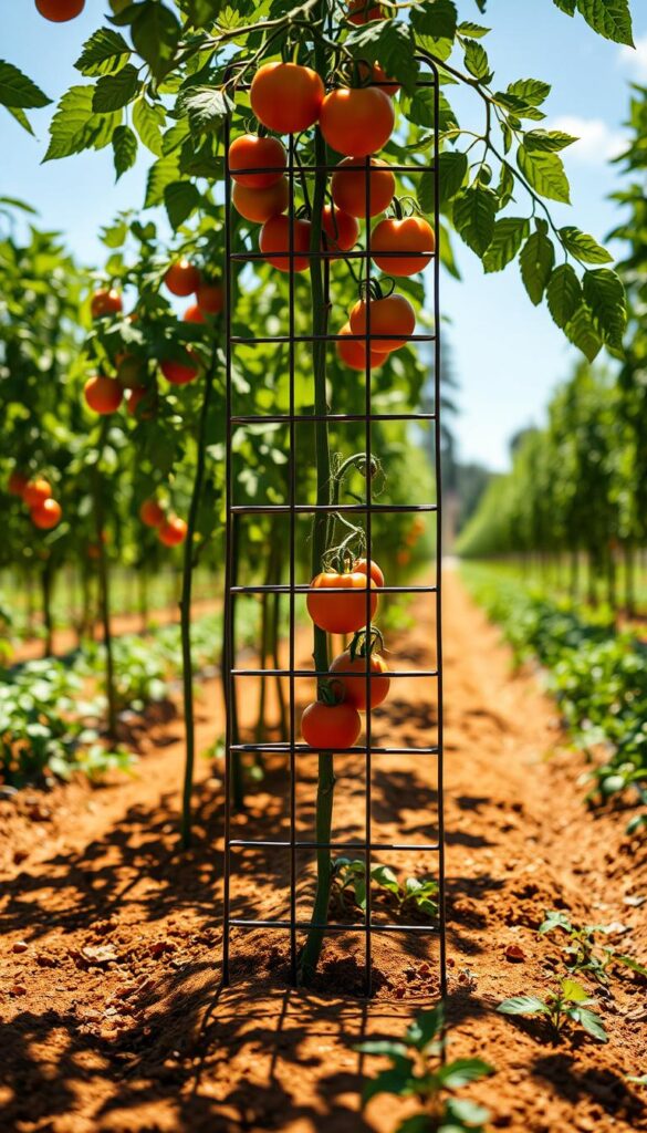 A lush, sun-dappled tomato garden with sturdy wire cages standing tall, their steel lattice structures supporting the ripening fruit. The cages cast intricate shadows on the rich, loamy soil, creating a visually striking composition. Soft, directional lighting illuminates the scene, highlighting the vibrant green foliage and the warm, reddish-orange hues of the tomatoes. The cages are positioned in the middle ground, with a blurred background of verdant garden beds and a clear, azure sky overhead, conveying a sense of serenity and abundance. The overall mood is one of careful cultivation and the promise of a bountiful harvest.