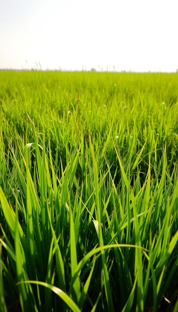 A lush, sun-drenched field of vibrant summer grass, blades swaying gently in the warm breeze. In the foreground, the grass is thick and verdant, individual strands catching the light and casting soft shadows. The midground features a graduated transition to taller, wilder grass, with subtle variations in tone and texture. In the background, the grass blends seamlessly into a hazy horizon, creating a sense of depth and atmosphere. The lighting is natural and diffused, casting a warm, golden glow over the entire scene. The perspective is slightly elevated, allowing the viewer to take in the full breadth of the grass field. An inviting, serene landscape that evokes the best of summer's abundant growth.