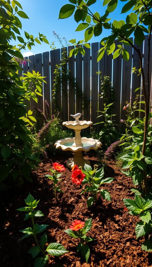 A lush, sun-drenched garden bed, the soil a rich, earthy hue, glistening with moisture. Verdant foliage casts dappled shadows, as a gentle breeze rustles the leaves. In the foreground, a mix of vibrant flowers sway, their petals catching the golden rays. In the middle ground, a birdbath reflects the azure sky above, inviting feathered visitors to bathe and drink. The background features a wooden fence, weathered by time, framing the serene scene. The lighting is soft and natural, creating a warm, inviting atmosphere. Captured with a wide-angle lens to showcase the harmonious balance of sun, soil, and water within this flourishing garden oasis. A lush, sun-drenched garden bed, the soil a rich, earthy hue, glistening with moisture. Verdant foliage casts dappled shadows, as a gentle breeze rustles the leaves. In the foreground, a mix of vibrant flowers sway, their petals catching the golden rays. In the middle ground, a birdbath reflects the azure sky above, inviting feathered visitors to bathe and drink. The background features a wooden fence, weathered by time, framing the serene scene. The lighting is soft and natural, creating a warm, inviting atmosphere. Captured with a wide-angle lens to showcase the harmonious balance of sun, soil, and water within this flourishing garden oasis.