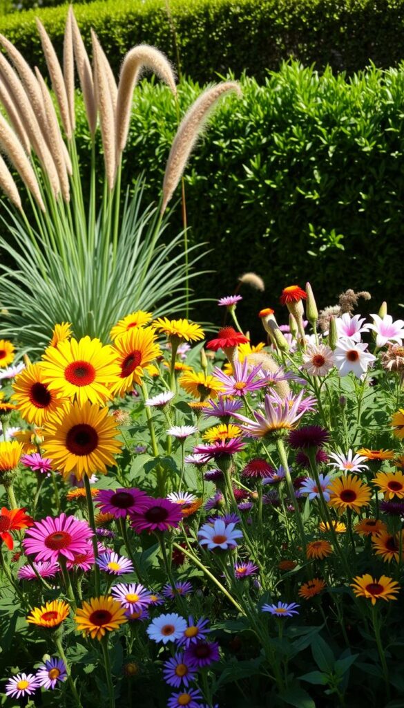 A lush, sun-drenched garden bursting with vibrant perennials. In the foreground, a colorful arrangement of blooming flowers - bold sunflowers, delicate daisies, and fragrant lilies swaying gently in a warm breeze. The middle ground features towering, drought-tolerant ornamental grasses and hardy, green-leaved plants that thrive in the heat. In the background, a manicured hedge frames the scene, casting gentle shadows that create a sense of depth and tranquility. The lighting is soft and natural, highlighting the plants' intricate textures and vibrant hues. The overall atmosphere exudes resilience, optimism, and the perseverance of nature in the face of summer's intensity. A lush, sun-drenched garden bursting with vibrant perennials. In the foreground, a colorful arrangement of blooming flowers - bold sunflowers, delicate daisies, and fragrant lilies swaying gently in a warm breeze. The middle ground features towering, drought-tolerant ornamental grasses and hardy, green-leaved plants that thrive in the heat. In the background, a manicured hedge frames the scene, casting gentle shadows that create a sense of depth and tranquility. The lighting is soft and natural, highlighting the plants' intricate textures and vibrant hues. The overall atmosphere exudes resilience, optimism, and the perseverance of nature in the face of summer's intensity.