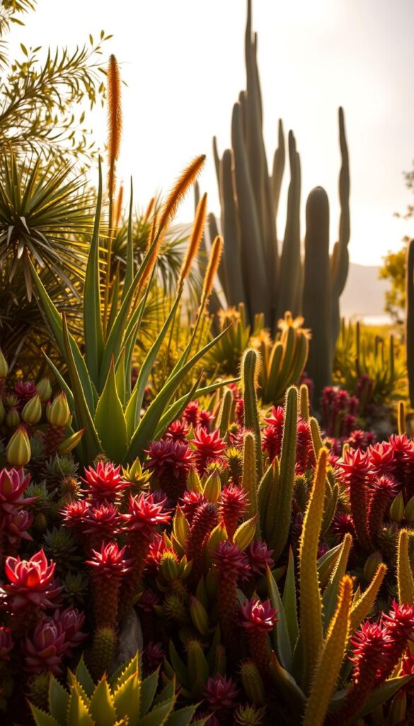 A lush, sun-drenched garden filled with vibrant, heat-loving plants. In the foreground, a profusion of succulents and cacti in various shapes and shades of green, purple, and red. Their fleshy, textured leaves and stems bask in the warm, golden light. In the middle ground, tall, slender stalks of aloe vera sway gently, their pointed leaves reaching towards the sun. In the background, a towering agave plant stands proud, its thick, spiky leaves casting dramatic shadows on the ground. The scene is bathed in a warm, hazy glow, creating a sense of tranquility and resilience in the face of extreme heat.