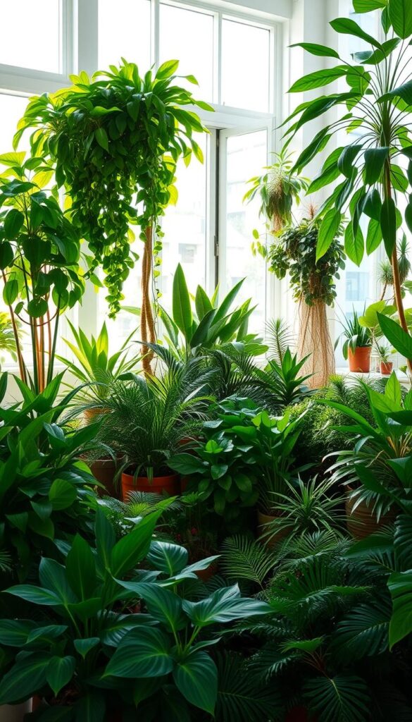 A lush, sun-drenched indoor garden brimming with vibrant foliage. In the foreground, a diverse array of potted plants - cascading philodendrons, towering monstera deliciosa, and thriving succulents. Soft, diffused light filters through large windows, casting gentle shadows and highlighting the verdant hues. The middle ground features a variety of leafy floor plants, their fronds gently swaying. In the background, a tranquil, minimalist interior design with white walls and natural wood accents, allowing the plants to take center stage. An oasis of verdant life, the image conveys a sense of serenity and the rejuvenating power of nature, perfect for beating the summer heat indoors.