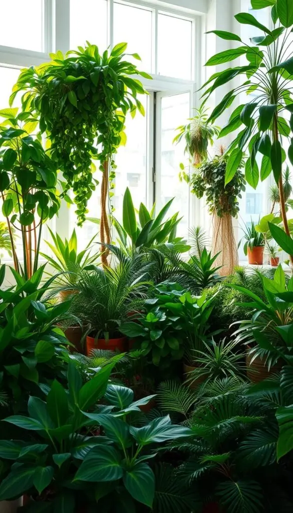 A lush, sun-drenched indoor garden brimming with vibrant foliage. In the foreground, a diverse array of potted plants - cascading philodendrons, towering monstera deliciosa, and thriving succulents. Soft, diffused light filters through large windows, casting gentle shadows and highlighting the verdant hues. The middle ground features a variety of leafy floor plants, their fronds gently swaying. In the background, a tranquil, minimalist interior design with white walls and natural wood accents, allowing the plants to take center stage. An oasis of verdant life, the image conveys a sense of serenity and the rejuvenating power of nature, perfect for beating the summer heat indoors. A lush, sun-drenched indoor garden brimming with vibrant foliage. In the foreground, a diverse array of potted plants - cascading philodendrons, towering monstera deliciosa, and thriving succulents. Soft, diffused light filters through large windows, casting gentle shadows and highlighting the verdant hues. The middle ground features a variety of leafy floor plants, their fronds gently swaying. In the background, a tranquil, minimalist interior design with white walls and natural wood accents, allowing the plants to take center stage. An oasis of verdant life, the image conveys a sense of serenity and the rejuvenating power of nature, perfect for beating the summer heat indoors.