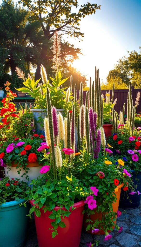 A lush, sunlit garden bursting with vibrant flowers and foliage, set against a backdrop of warm, golden light. In the foreground, an array of colorful, well-maintained containers brimming with thriving plants - trailing vines, towering spikes, and cascading blooms. The containers are strategically positioned to maximize exposure to the sun, their materials and designs suited to withstand the heat. Dappled shadows dance across the scene, creating a sense of depth and warmth. The composition is balanced, with the containers arranged in an aesthetically pleasing manner, showcasing the perfect blend of form and function for a sun-loving display.