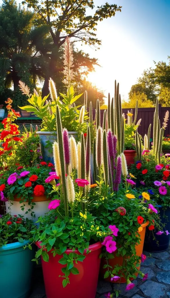 A lush, sunlit garden bursting with vibrant flowers and foliage, set against a backdrop of warm, golden light. In the foreground, an array of colorful, well-maintained containers brimming with thriving plants - trailing vines, towering spikes, and cascading blooms. The containers are strategically positioned to maximize exposure to the sun, their materials and designs suited to withstand the heat. Dappled shadows dance across the scene, creating a sense of depth and warmth. The composition is balanced, with the containers arranged in an aesthetically pleasing manner, showcasing the perfect blend of form and function for a sun-loving display. A lush, sunlit garden bursting with vibrant flowers and foliage, set against a backdrop of warm, golden light. In the foreground, an array of colorful, well-maintained containers brimming with thriving plants - trailing vines, towering spikes, and cascading blooms. The containers are strategically positioned to maximize exposure to the sun, their materials and designs suited to withstand the heat. Dappled shadows dance across the scene, creating a sense of depth and warmth. The composition is balanced, with the containers arranged in an aesthetically pleasing manner, showcasing the perfect blend of form and function for a sun-loving display.