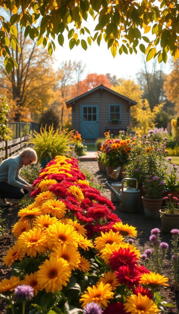 A lush, sunlit garden in late autumn. In the foreground, a person kneels, carefully tending to a row of vibrant, fall-blooming flowers - chrysanthemums, dahlias, and asters in hues of gold, crimson, and lavender. The middle ground is filled with gardening tools, potted plants, and a watering can, hinting at the ongoing work of preparing the garden for the next season. In the background, a cozy, wooden shed stands amidst a backdrop of changing trees, their leaves ablaze with color. Warm, soft lighting bathes the scene, creating a peaceful, contemplative atmosphere. The overall composition conveys the tranquil, purposeful nature of "planting time" - the act of nurturing the garden as the seasons shift. A lush, sunlit garden in late autumn. In the foreground, a person kneels, carefully tending to a row of vibrant, fall-blooming flowers - chrysanthemums, dahlias, and asters in hues of gold, crimson, and lavender. The middle ground is filled with gardening tools, potted plants, and a watering can, hinting at the ongoing work of preparing the garden for the next season. In the background, a cozy, wooden shed stands amidst a backdrop of changing trees, their leaves ablaze with color. Warm, soft lighting bathes the scene, creating a peaceful, contemplative atmosphere. The overall composition conveys the tranquil, purposeful nature of "planting time" - the act of nurturing the garden as the seasons shift.