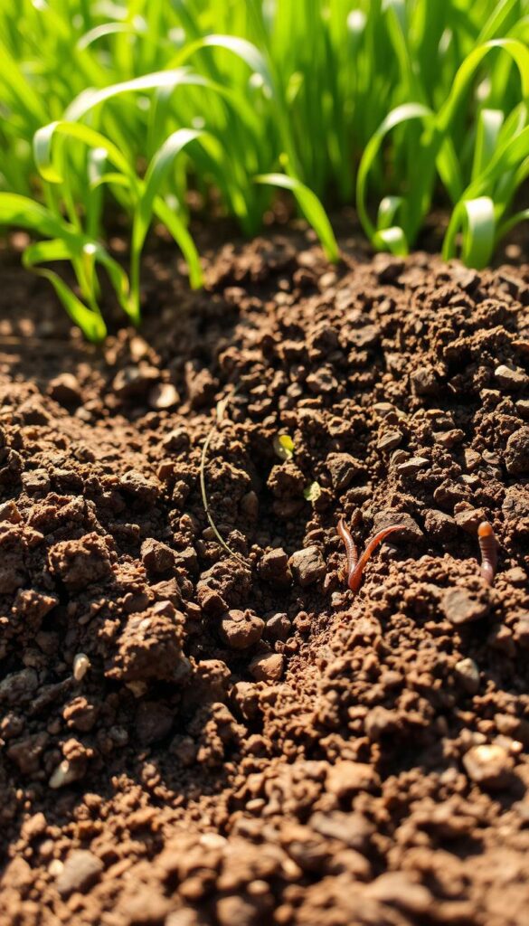 A lush, textured closeup of a garden soil bed, illuminated by warm, diffused sunlight. The foreground features rich, loamy soil teeming with organic matter, dotted with small pebbles and earthworms. The middle ground showcases a layer of dark, crumbly compost, partially obscuring the underlying soil. In the background, a verdant tapestry of cover crops, their delicate leaves and stems gently swaying. The overall scene conveys a sense of fertility, nourishment, and the natural cycles of the earth, ready to sustain the growth of vibrant flowers in the coming season. A lush, textured closeup of a garden soil bed, illuminated by warm, diffused sunlight. The foreground features rich, loamy soil teeming with organic matter, dotted with small pebbles and earthworms. The middle ground showcases a layer of dark, crumbly compost, partially obscuring the underlying soil. In the background, a verdant tapestry of cover crops, their delicate leaves and stems gently swaying. The overall scene conveys a sense of fertility, nourishment, and the natural cycles of the earth, ready to sustain the growth of vibrant flowers in the coming season.