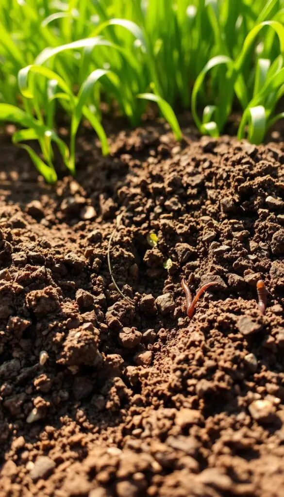 A lush, textured closeup of a garden soil bed, illuminated by warm, diffused sunlight. The foreground features rich, loamy soil teeming with organic matter, dotted with small pebbles and earthworms. The middle ground showcases a layer of dark, crumbly compost, partially obscuring the underlying soil. In the background, a verdant tapestry of cover crops, their delicate leaves and stems gently swaying. The overall scene conveys a sense of fertility, nourishment, and the natural cycles of the earth, ready to sustain the growth of vibrant flowers in the coming season.
