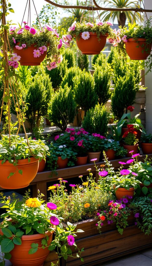 A lush, thriving container garden in a warm, sun-dappled outdoor setting. In the foreground, an artful arrangement of terracotta planters and hanging baskets brimming with cascading vines, blooming flowers, and lush, textured foliage. The middle ground features a low, wooden planter box overflowing with a diverse mix of vibrant annuals and herbs. In the background, a verdant, harmonious backdrop of potted shrubs and small trees creates a sense of depth and natural beauty. The lighting is soft and golden, casting gentle shadows and highlighting the rich colors and organic shapes of the plants. The overall composition conveys a sense of effortless, low-maintenance charm.