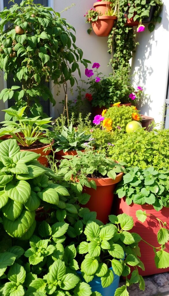 A lush, thriving container garden in the bright afternoon sunlight, with various leafy greens, vibrant flowers, and cascading vines spilling over the edges of the colorful pots and planters. The foreground showcases an assortment of well-tended vegetable plants, their foliage and produce bursting with health. The middle ground features a mix of compact, versatile herbs and smaller flowering plants. The background reveals a cozy, intimate patio or balcony setting, with a warm, inviting atmosphere. The image captures the abundance, diversity, and space-saving benefits of container gardening, inspiring a sense of bountiful harvest and urban oasis. A lush, thriving container garden in the bright afternoon sunlight, with various leafy greens, vibrant flowers, and cascading vines spilling over the edges of the colorful pots and planters. The foreground showcases an assortment of well-tended vegetable plants, their foliage and produce bursting with health. The middle ground features a mix of compact, versatile herbs and smaller flowering plants. The background reveals a cozy, intimate patio or balcony setting, with a warm, inviting atmosphere. The image captures the abundance, diversity, and space-saving benefits of container gardening, inspiring a sense of bountiful harvest and urban oasis.