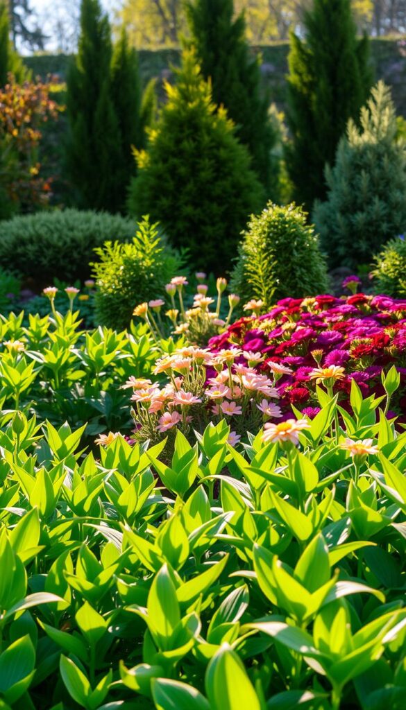 A lush, thriving garden in the warm spring sunshine. A vibrant foreground of healthy, verdant plants, their leaves gently swaying in a soft breeze. Mid-ground showcases a variety of flowering perennials, their petals bursting with color - delicate pinks, cheerful yellows, and deep purples. The background features a mix of evergreen shrubs and small ornamental trees, providing a verdant, layered backdrop. Warm, golden-hour lighting illuminates the scene, casting a serene, inviting glow. The overall composition conveys a sense of abundant, well-curated growth - a visually captivating and inspiring spring garden. A lush, thriving garden in the warm spring sunshine. A vibrant foreground of healthy, verdant plants, their leaves gently swaying in a soft breeze. Mid-ground showcases a variety of flowering perennials, their petals bursting with color - delicate pinks, cheerful yellows, and deep purples. The background features a mix of evergreen shrubs and small ornamental trees, providing a verdant, layered backdrop. Warm, golden-hour lighting illuminates the scene, casting a serene, inviting glow. The overall composition conveys a sense of abundant, well-curated growth - a visually captivating and inspiring spring garden.