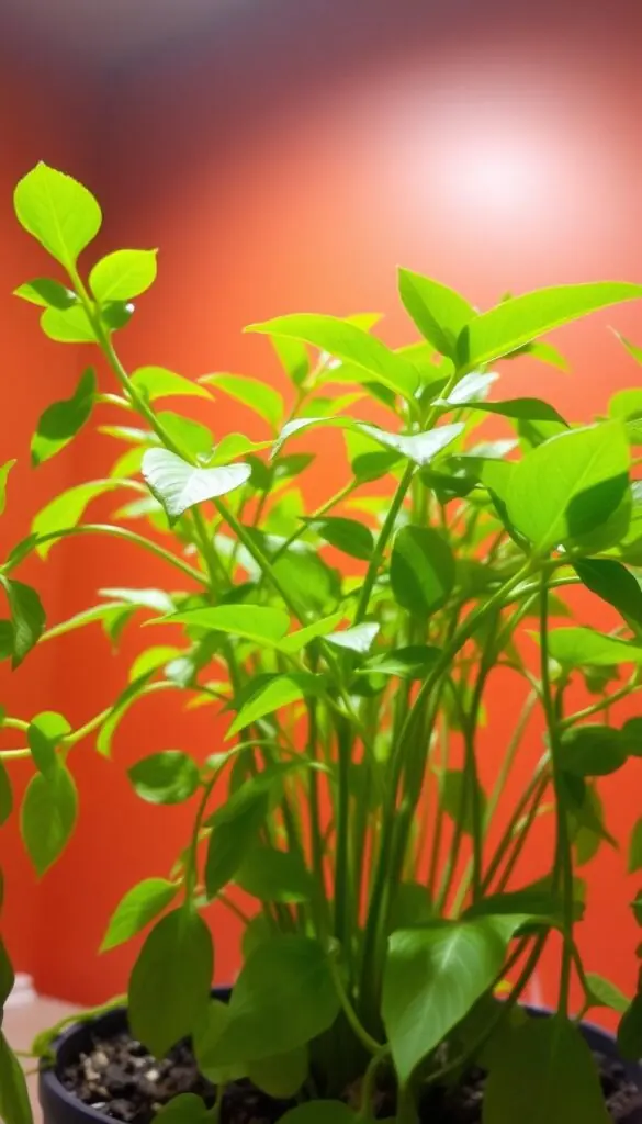 A lush, thriving indoor plant set against a warm, inviting backdrop. In the foreground, vibrant green leaves cascade gracefully, their surfaces glistening with a healthy sheen. The plant's stems are sturdy yet supple, radiating a sense of vitality. In the middle ground, the plant's soil is dark and rich, with a soft, earthy aroma wafting through the air. The lighting is soft and diffused, creating a cozy, welcoming atmosphere. The angle is slightly elevated, giving the viewer a sense of intimacy and connection with the plant. Overall, the image conveys the essence of a thriving, well-cared-for indoor plant, ready to inspire and guide the viewer on their own plant-keeping journey.