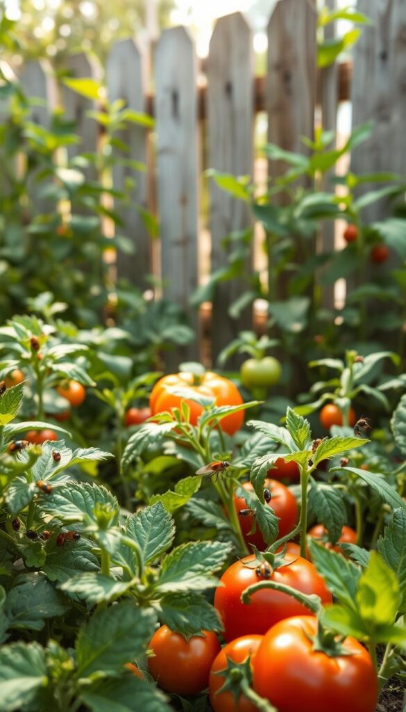 A lush, thriving vegetable garden in soft, diffused natural lighting. In the foreground, a variety of beneficial insects like ladybugs, lacewings, and hoverflies explore the foliage, acting as natural pest control. The middle ground showcases healthy, vibrant plants - tomatoes, peppers, and leafy greens - unbothered by pests. In the background, a rustic wooden fence encloses the garden, blending seamlessly with the earthy, tranquil atmosphere. The overall composition conveys a sense of balance, harmony, and effective, environmentally-friendly garden management. A lush, thriving vegetable garden in soft, diffused natural lighting. In the foreground, a variety of beneficial insects like ladybugs, lacewings, and hoverflies explore the foliage, acting as natural pest control. The middle ground showcases healthy, vibrant plants - tomatoes, peppers, and leafy greens - unbothered by pests. In the background, a rustic wooden fence encloses the garden, blending seamlessly with the earthy, tranquil atmosphere. The overall composition conveys a sense of balance, harmony, and effective, environmentally-friendly garden management.
