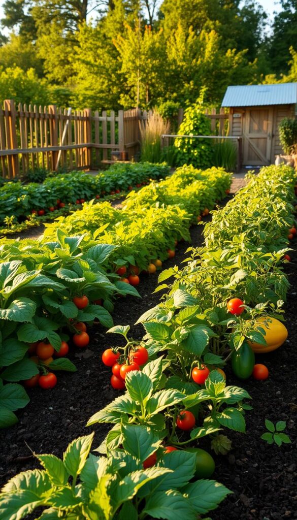 A lush, thriving vegetable garden in the afternoon sun, with rows of vibrant, healthy plants. In the foreground, leafy greens and plump tomatoes sway gently in a soft breeze. The middle ground features a variety of squash, peppers, and herbs, their colors popping against the rich, dark soil. In the background, a wooden fence frames the scene, and a small shed stands ready to store the bountiful harvest. The lighting is warm and inviting, casting a golden glow over the entire garden, creating a sense of peace and abundance. The composition is balanced and visually appealing, inviting the viewer to imagine themself tending to this idyllic vegetable patch. A lush, thriving vegetable garden in the afternoon sun, with rows of vibrant, healthy plants. In the foreground, leafy greens and plump tomatoes sway gently in a soft breeze. The middle ground features a variety of squash, peppers, and herbs, their colors popping against the rich, dark soil. In the background, a wooden fence frames the scene, and a small shed stands ready to store the bountiful harvest. The lighting is warm and inviting, casting a golden glow over the entire garden, creating a sense of peace and abundance. The composition is balanced and visually appealing, inviting the viewer to imagine themself tending to this idyllic vegetable patch.