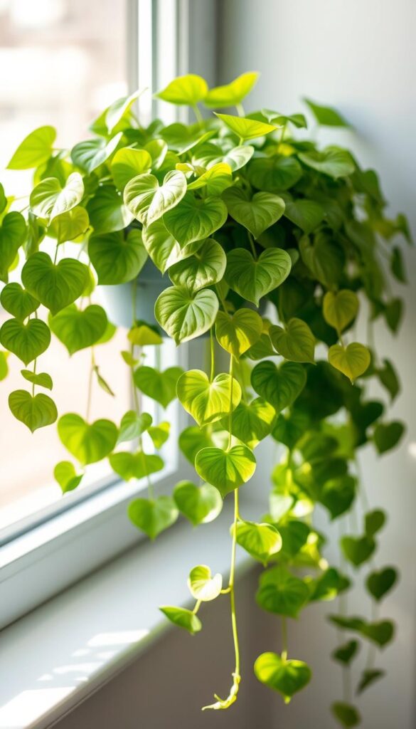 A lush, trailing pothos plant cascading gracefully from a white window sill, its heart-shaped leaves gently rustling in the soft, diffused lighting. The foliage is a vibrant, glossy green, with hints of yellow-green variegation dancing across the leaves. The plant is situated in a cozy, sun-dappled corner, creating a serene, natural atmosphere. The scene is captured with a shallow depth of field, drawing the viewer's eye to the delicate, flowing tendrils of the pothos. This versatile, low-maintenance plant thrives in the indirect light, making it an ideal addition to any windowsill garden.