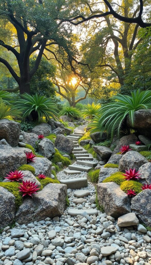 A lush, tranquil rock garden nestled amidst a verdant oasis. The foreground features an array of textured stones and boulders, artfully arranged to create a sense of natural harmony. Vibrant succulents and mosses spill over the edges, adding pops of color and softness. In the middle ground, a winding pathway of smooth pebbles leads the eye deeper into the scene, inviting exploration. The background is framed by towering trees, their canopies filtering warm, golden light that bathes the entire composition in a serene, almost ethereal glow. The overall atmosphere is one of peaceful contemplation, where the beauty of the natural world is celebrated and elevated through the thoughtful integration of stones and flora. A lush, tranquil rock garden nestled amidst a verdant oasis. The foreground features an array of textured stones and boulders, artfully arranged to create a sense of natural harmony. Vibrant succulents and mosses spill over the edges, adding pops of color and softness. In the middle ground, a winding pathway of smooth pebbles leads the eye deeper into the scene, inviting exploration. The background is framed by towering trees, their canopies filtering warm, golden light that bathes the entire composition in a serene, almost ethereal glow. The overall atmosphere is one of peaceful contemplation, where the beauty of the natural world is celebrated and elevated through the thoughtful integration of stones and flora.