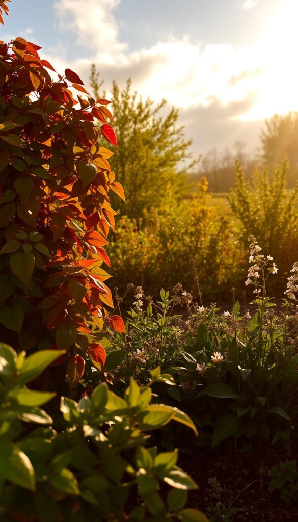 A lush, transitional landscape that captures the seasonal rhythm from fall to spring. In the foreground, a verdant, cascading plant with vibrant autumn hues blends into the emerging foliage of a new growing season. The middle ground features a flourishing herb garden, its aromatic leaves and delicate blooms signaling the arrival of spring. Bathed in warm, golden sunlight filtering through wispy clouds, the scene conveys a sense of renewal and the cyclical nature of the natural world. Soft, diffused shadows add depth and dimensionality, while a slightly hazy, dreamlike quality imbues the image with a serene, contemplative atmosphere. A lush, transitional landscape that captures the seasonal rhythm from fall to spring. In the foreground, a verdant, cascading plant with vibrant autumn hues blends into the emerging foliage of a new growing season. The middle ground features a flourishing herb garden, its aromatic leaves and delicate blooms signaling the arrival of spring. Bathed in warm, golden sunlight filtering through wispy clouds, the scene conveys a sense of renewal and the cyclical nature of the natural world. Soft, diffused shadows add depth and dimensionality, while a slightly hazy, dreamlike quality imbues the image with a serene, contemplative atmosphere.
