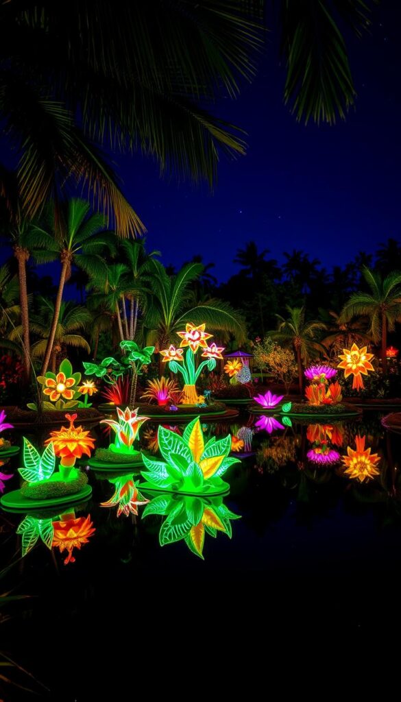 A lush, tropical botanical garden in Florida at night, illuminated by a dazzling array of colorful light displays. In the foreground, intricate light sculptures of exotic flora and fauna come to life, casting mesmerizing reflections on the still waters of a tranquil pond. The middle ground features a canopy of glowing, oversized flowers and leaves that sway gently in the breeze. In the background, towering palm trees and other native plants are silhouetted against a deep indigo sky, dotted with twinkling stars. The entire scene is bathed in a warm, magical glow, creating an enchanting, immersive atmosphere. A lush, tropical botanical garden in Florida at night, illuminated by a dazzling array of colorful light displays. In the foreground, intricate light sculptures of exotic flora and fauna come to life, casting mesmerizing reflections on the still waters of a tranquil pond. The middle ground features a canopy of glowing, oversized flowers and leaves that sway gently in the breeze. In the background, towering palm trees and other native plants are silhouetted against a deep indigo sky, dotted with twinkling stars. The entire scene is bathed in a warm, magical glow, creating an enchanting, immersive atmosphere.