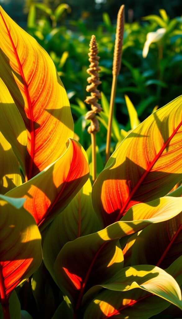 A lush, tropical canna lily foliage in the foreground, with vibrant green leaves and deep crimson veins, bathed in warm, golden late-afternoon sunlight. The broad, paddle-shaped leaves sway gently in a light breeze, casting dynamic shadows that create a mesmerizing interplay of light and shadow. In the middle ground, a few tall, slender canna stems stand tall, their flowers yet to bloom, hinting at the bold, tropical display to come. The background is blurred, suggesting a verdant, garden-like setting, with a touch of mystery and intrigue, inviting the viewer to explore further. A lush, tropical canna lily foliage in the foreground, with vibrant green leaves and deep crimson veins, bathed in warm, golden late-afternoon sunlight. The broad, paddle-shaped leaves sway gently in a light breeze, casting dynamic shadows that create a mesmerizing interplay of light and shadow. In the middle ground, a few tall, slender canna stems stand tall, their flowers yet to bloom, hinting at the bold, tropical display to come. The background is blurred, suggesting a verdant, garden-like setting, with a touch of mystery and intrigue, inviting the viewer to explore further.