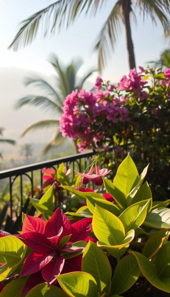 A lush, tropical scene with vibrant croton plants in the foreground, their broad, variegated leaves shimmering under soft, diffused lighting. In the middle ground, a cluster of fuchsia flowers in shades of pink and purple, their delicate, cascading blooms contrasting with the croton's bold foliage. The background is a hazy, dreamlike landscape of palm fronds and distant, mist-shrouded hills, creating a sense of depth and mystery. The overall atmosphere is one of warm, sun-dappled tranquility, evoking the ambiance of a serene, tropical patio. A lush, tropical scene with vibrant croton plants in the foreground, their broad, variegated leaves shimmering under soft, diffused lighting. In the middle ground, a cluster of fuchsia flowers in shades of pink and purple, their delicate, cascading blooms contrasting with the croton's bold foliage. The background is a hazy, dreamlike landscape of palm fronds and distant, mist-shrouded hills, creating a sense of depth and mystery. The overall atmosphere is one of warm, sun-dappled tranquility, evoking the ambiance of a serene, tropical patio.