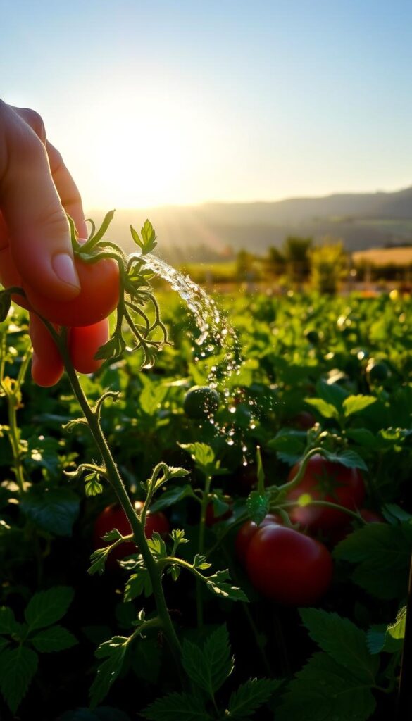 A lush vegetable garden bathed in the warm glow of early morning sunlight, the air crisp and dewy. In the foreground, a gardener's hand gently waters a thriving tomato plant, the droplets catching the sun's rays and sparkling like diamonds. The middle ground reveals a diverse array of vegetables, their leaves vibrant and healthy, standing tall and proud. In the background, a picturesque landscape unfolds, rolling hills and a clear blue sky creating a serene, tranquil atmosphere. The scene conveys the importance of watering plants at the optimal time of day for maximum efficiency and plant health. A lush vegetable garden bathed in the warm glow of early morning sunlight, the air crisp and dewy. In the foreground, a gardener's hand gently waters a thriving tomato plant, the droplets catching the sun's rays and sparkling like diamonds. The middle ground reveals a diverse array of vegetables, their leaves vibrant and healthy, standing tall and proud. In the background, a picturesque landscape unfolds, rolling hills and a clear blue sky creating a serene, tranquil atmosphere. The scene conveys the importance of watering plants at the optimal time of day for maximum efficiency and plant health.