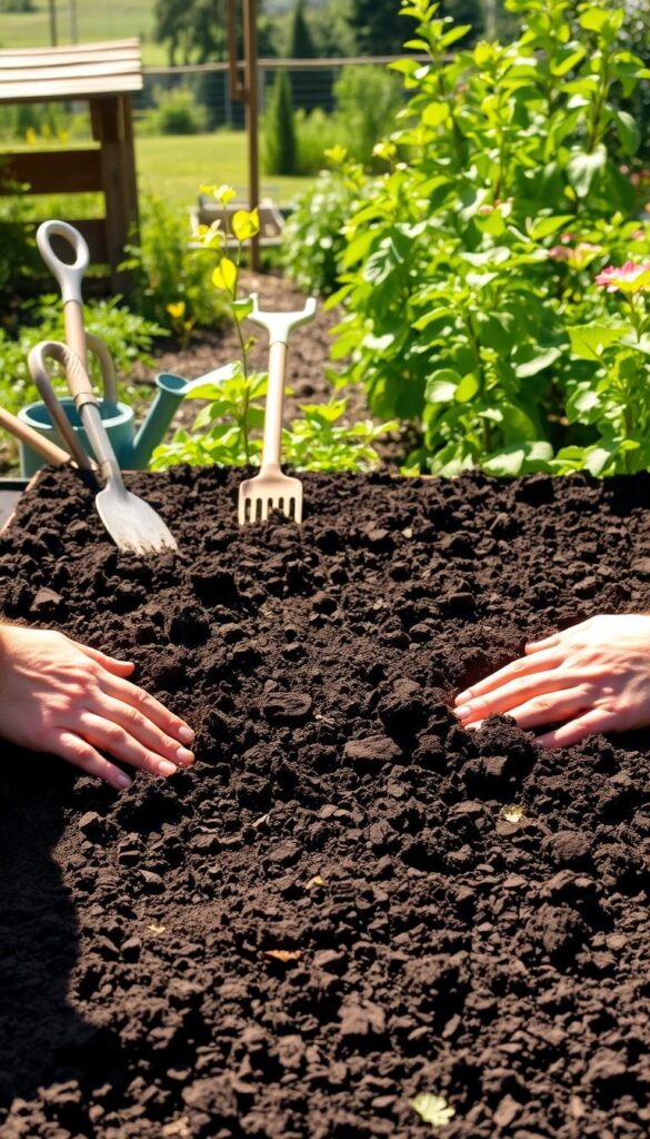 A lush vegetable garden bed being filled with nutrient-rich soil. In the foreground, hands carefully spread and smooth the dark, crumbly loam, creating an even, inviting surface. The middle ground showcases a variety of garden tools - a trowel, a rake, and a watering can - strategically placed, hinting at the care and attention needed to prepare the soil. In the background, a sun-dappled scene of verdant plants and a picturesque garden setting, suggesting the fruitful results to come. The lighting is soft and natural, casting gentle shadows that accentuate the texture of the soil. The overall mood is one of nurturing and anticipation, as the new garden bed is readied to support thriving vegetable growth.