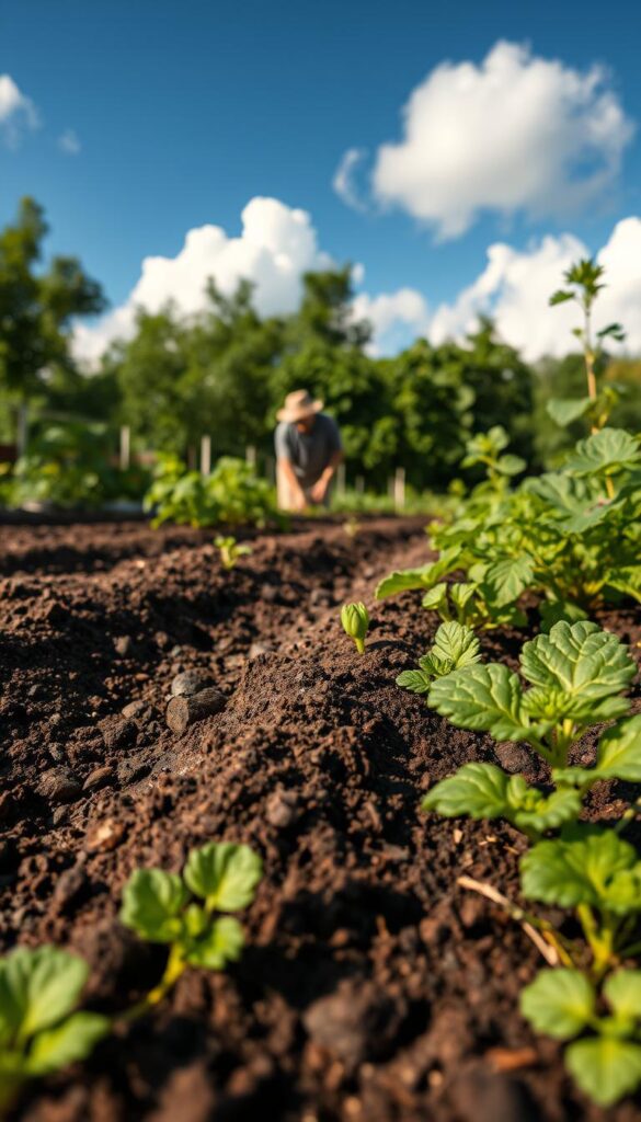 A lush vegetable garden in the foreground, with healthy soil teeming with life. In the middle ground, a gardener diligently tending to the soil, adding organic matter and amending it for the upcoming season. In the background, a vibrant blue sky with fluffy white clouds, creating a warm and inviting atmosphere. The scene is captured with a wide-angle lens, showcasing the importance of proper soil care throughout the year. Soft, natural lighting illuminates the scene, highlighting the rich, dark hues of the soil and the vibrant greens of the plants. The overall mood is one of tranquility, balance, and the joy of gardening.
