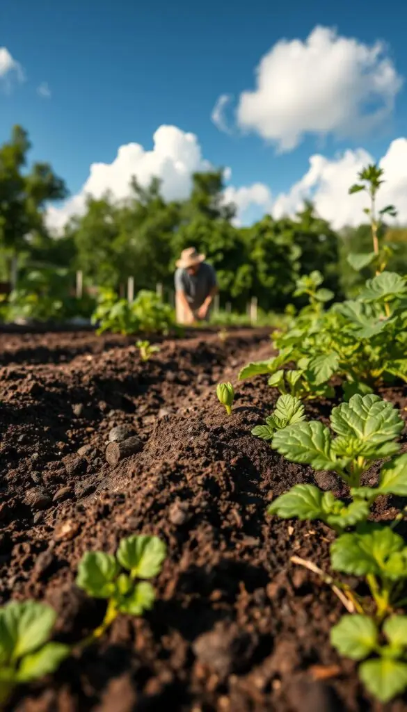 A lush vegetable garden in the foreground, with healthy soil teeming with life. In the middle ground, a gardener diligently tending to the soil, adding organic matter and amending it for the upcoming season. In the background, a vibrant blue sky with fluffy white clouds, creating a warm and inviting atmosphere. The scene is captured with a wide-angle lens, showcasing the importance of proper soil care throughout the year. Soft, natural lighting illuminates the scene, highlighting the rich, dark hues of the soil and the vibrant greens of the plants. The overall mood is one of tranquility, balance, and the joy of gardening.